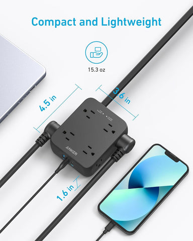 Anker Power Strip with 2000J Surge Protector, 5ft Outlet Extender, 20W, 8AC