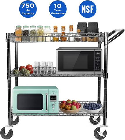 WDT Heavy Duty 3 Tier Utility Cart,Wire Rolling Cart with Wheels, Commercial Grade Service Cart with Shelving Liners and Handle Bar Metal Carts for Kitchen Office Hardware