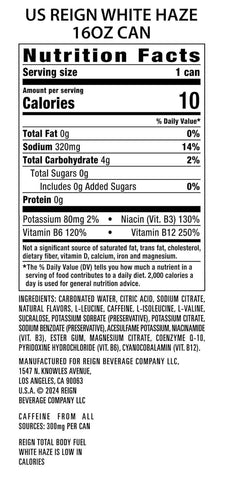 Reign Total Body Fuel, White Haze, Fitness & Performance Drink, 16 Fl Oz | Pack of 12