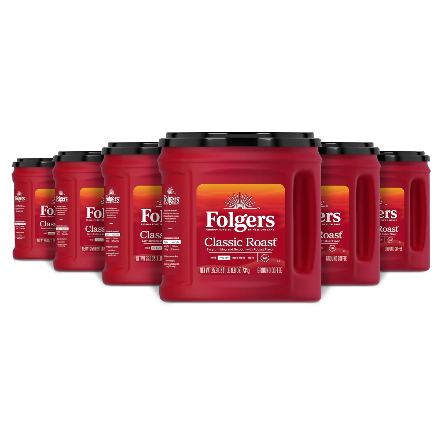 Folgers Classic Roast Ground Coffee, Medium Roast, 6 (25.9-Oz.) Canisters