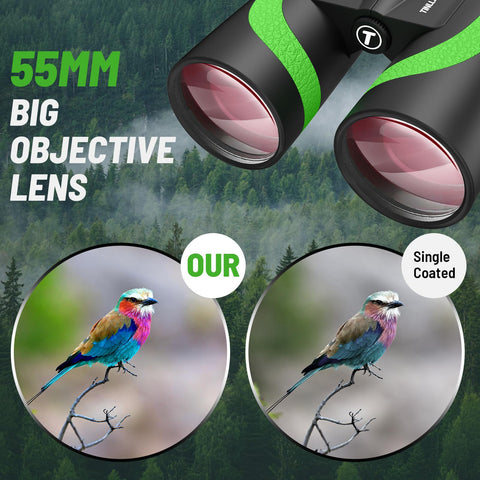 15x55 HD Binoculars for Adults High Powered,8° Wide Angle Binoculars,367/1000yds,BAK4 Prism FMC Lens,IPX7 Waterproof Binoculars for Bird Watching Hiking Travel Sports with Phone Adapter(Green)