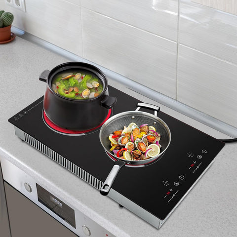2 Burners Electric Cooktop, 110v 1500W Plug in Ceramic Cooktop, 20 Inch Countertop & Built-in Electric Stove Top with Child Safety Lock, Timer, Over-Temperature Protection, Sensor Touch Control
