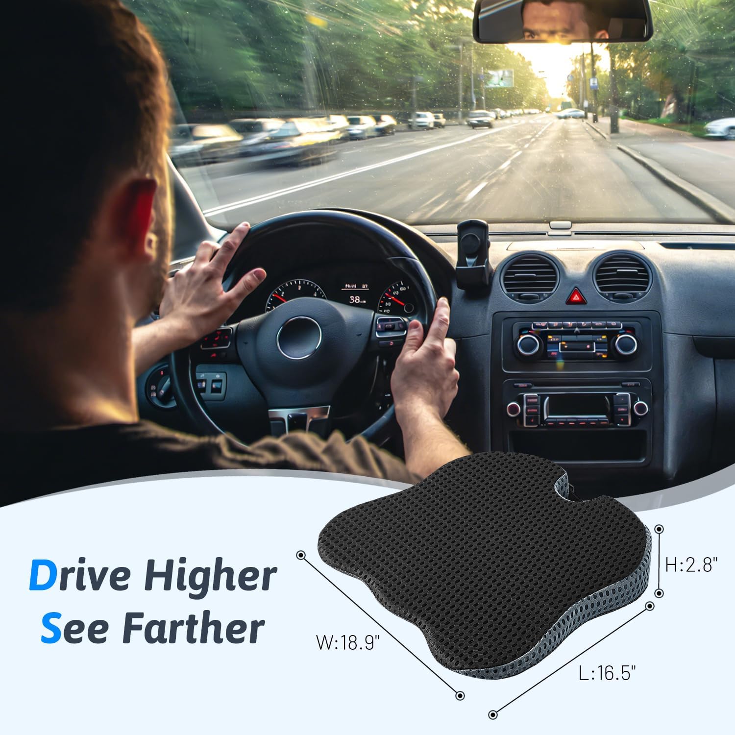Wedge Car Seat Cushion for Better Visibility & Sciatica Pain Relief