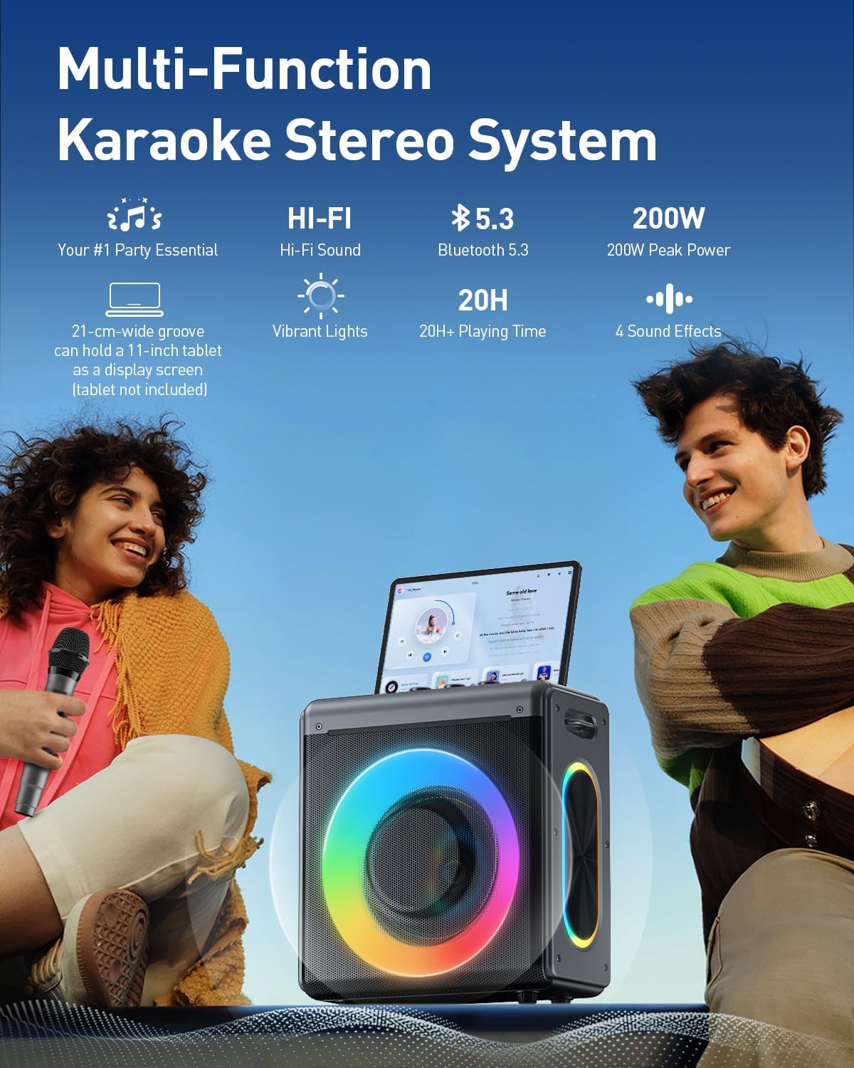 Karaoke Machine, 3 Wireless Rechargeable Microphones, 200W Speaker
