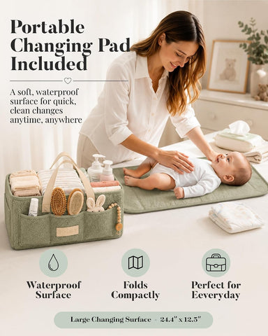 Baby Diaper Caddy Organizer with Portable Changing Mat - Teddy Fleece Diaper Organizer for Changing Table - Basket for Changing Essentials - Baby Essentials Organizer with Removable Dividers