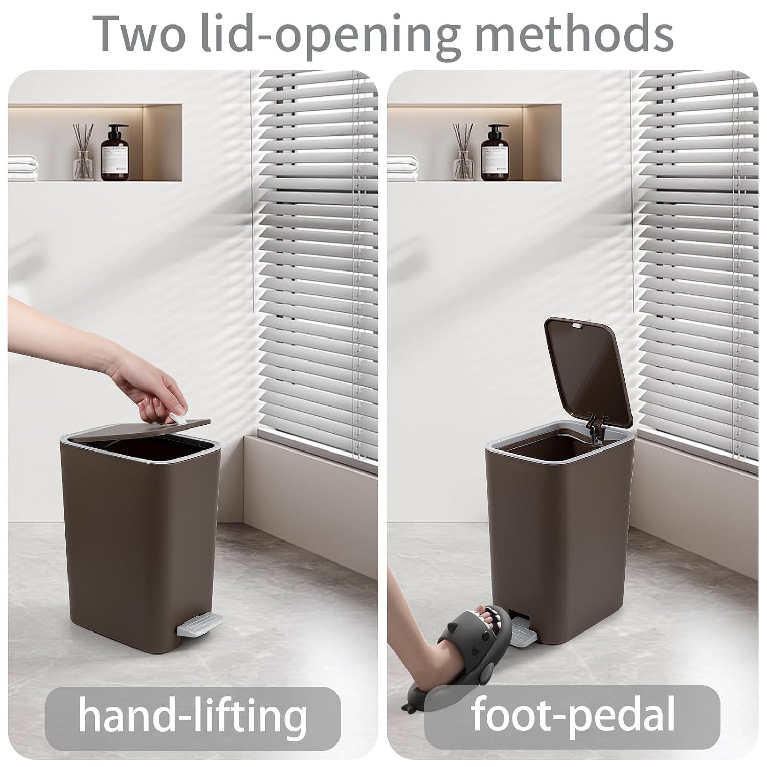 Small Bathroom Trash Can with Lid, 2.1 Gallon Slim Step Trash Can, Brown