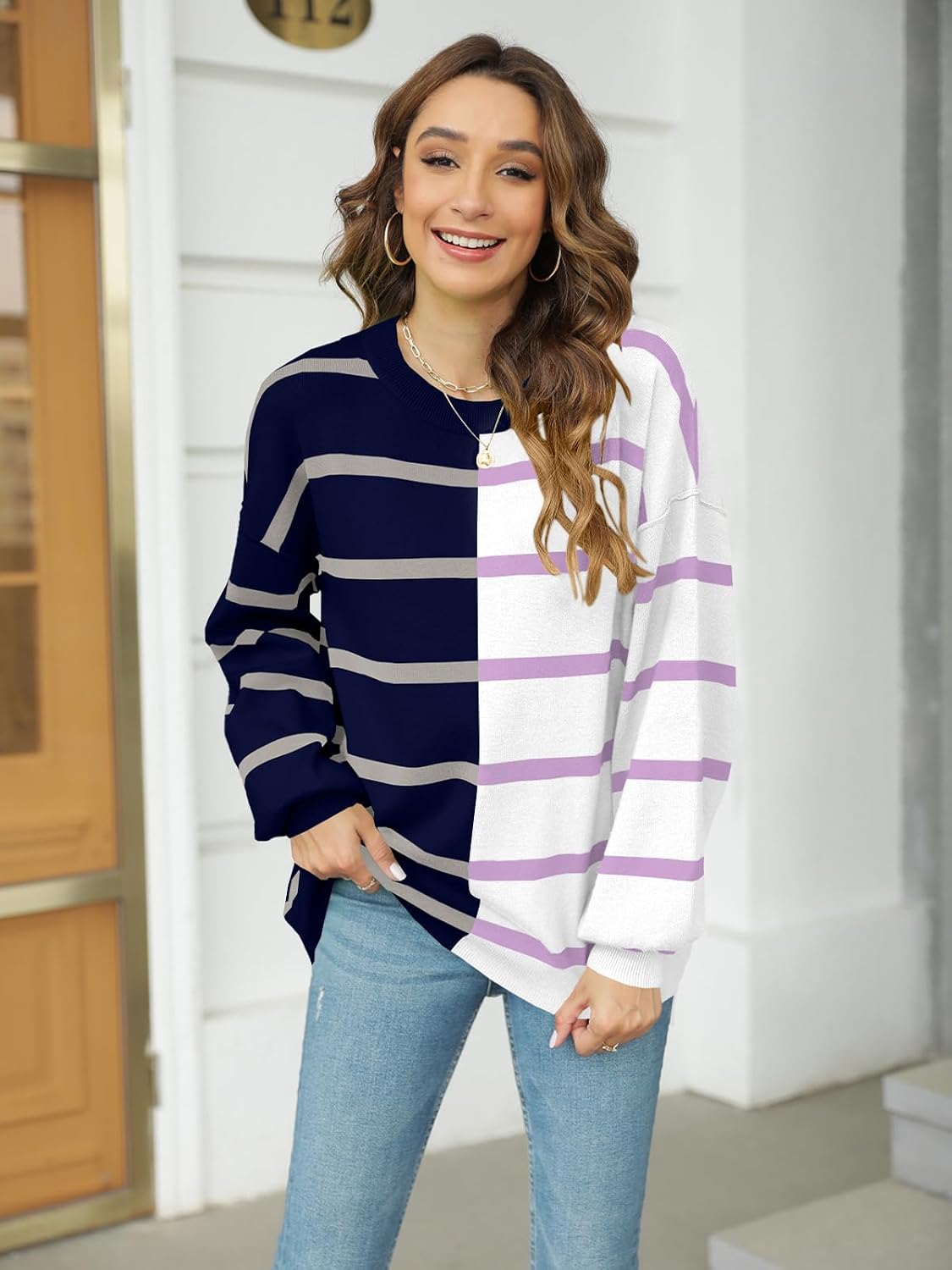 Fisoew Womens Striped Pullover Sweater Crew Neck Long Sleeve Loose Sweaters