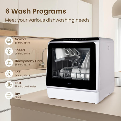 HAVA Countertop Dishwasher, 6 Programs Portable Dishwasher with Water Tank