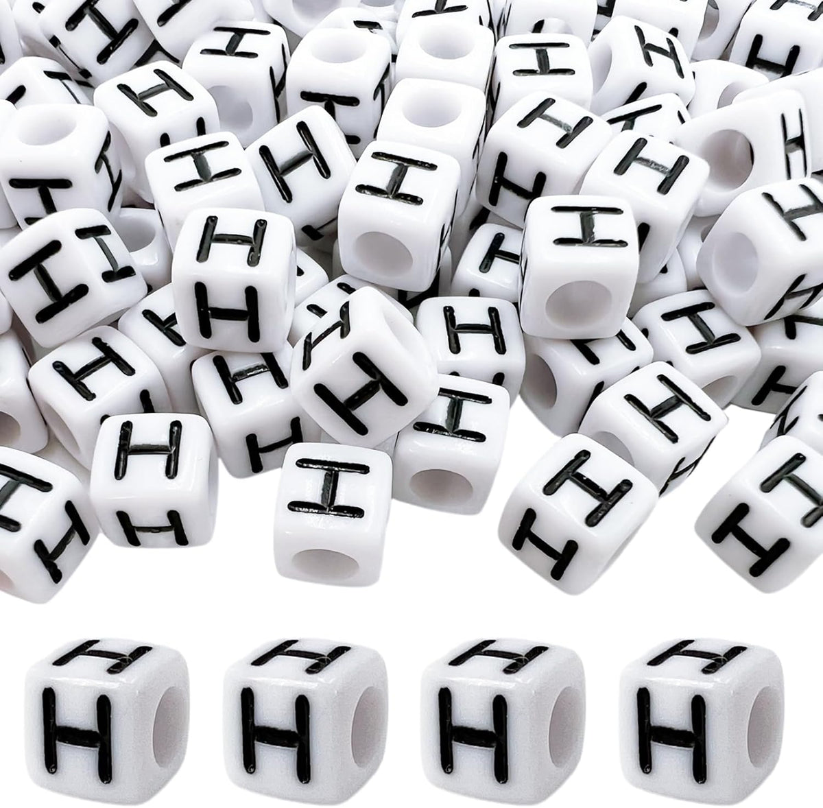 MIIIM 100pcs Pony Beads Letter H for Keychains Making, 6x6mm Large Hole Square Letter Beads for Bracelets Making, Alphabets, Numbers (White and Black)