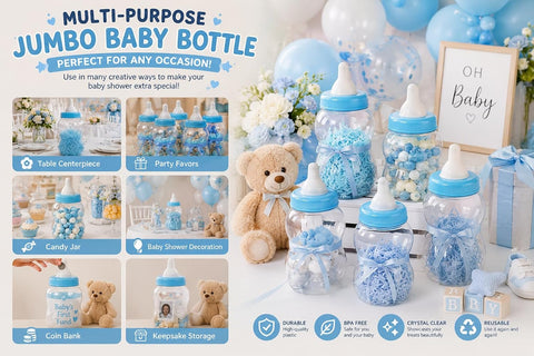 Evershine Plastic Baby Bottle Bank, 13" Blue Fillable Baby Shower Bank, Plastic Jumbo Baby Favor Bottle Centerpiece