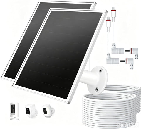 2 Pack Solar Panel for Ring Camera, 6W Solar Charger with USB-C & Barrel Plug for Ring Stick Up Pro/Plus & Spotlight Cam Battery Series, Waterproof, 9.8ft Cable (White)