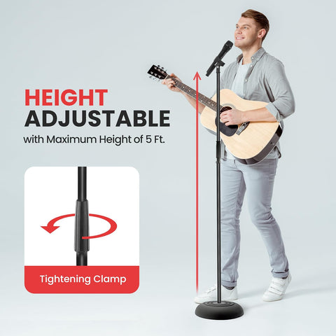Pyle Adjustable Microphone Stand - Universal Mic Stand with Compact Heavy Base, Floor Standing Design, Height Adjustable, Pivot Angle Clip for Singing & Recording (2.8’ - 5’ ft., 9.8” Base Diameter)