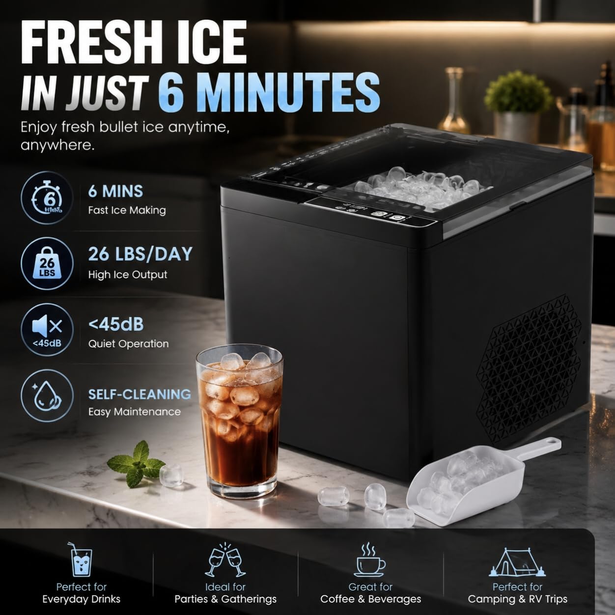Portable Ice Maker Countertop, Ice Machine with 45dB Kitchen Appliances