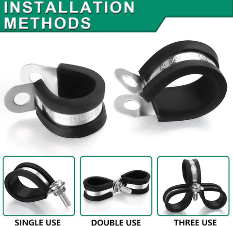 OURU 30pcs 3/8 Inch Stainless Steel Cable Clamps,Rubber Coated Cushioned Insulated Cable Clamp,Automotive Cable Wire Clamps,Pipe Clamps,Metal Clamp for Tube,Lines,Wire Cord Installation(Black,10mm)
