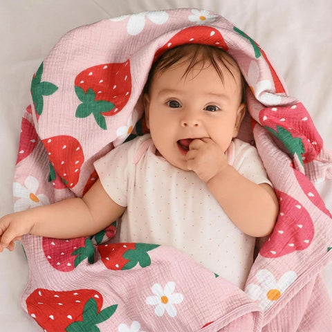 Breling Pink Strawberry Muslin Baby Blanket for Girl Boy 40x36 Inch