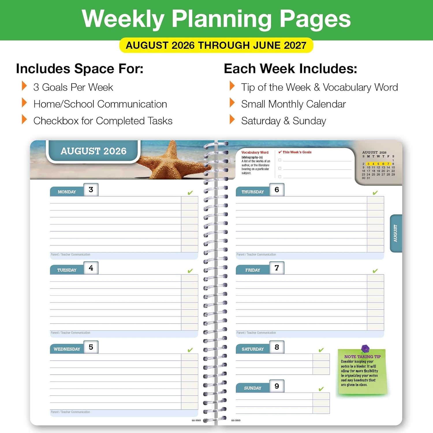 Global Datebooks 2026-2027 Middle & High School Student Planner 5.5" x 8.5" - Dated Weekly & Monthly Academic Planner with Ruler/Bookmark & Stickers, Ideal for Homework, Block Style, Galaxy