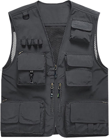 Flygo Men's Casual Lightweight Outdoor Fishing Work Safari Travel Photo Cargo Vest Jacket Multi Pockets