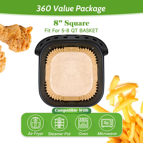 360 Pcs 8” Square Air Fryer Paper Liners Disposable Unbleached Heavy Duty