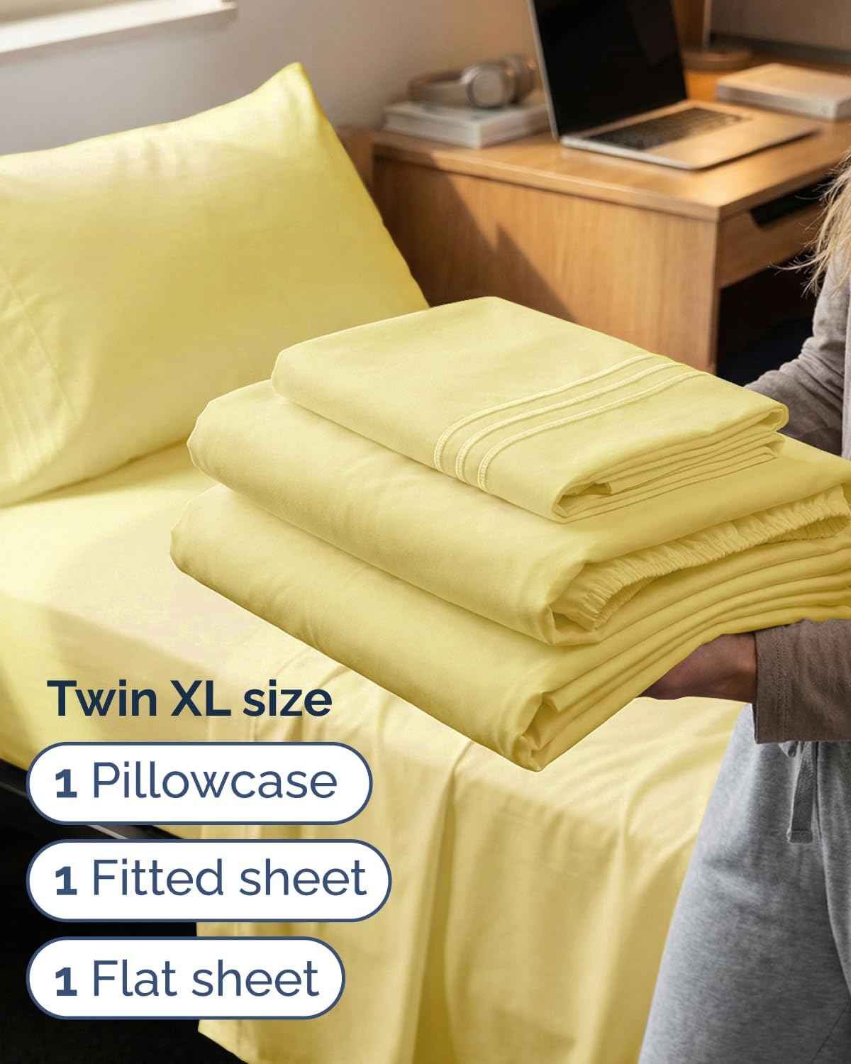 Twin XL 3 Piece Sheet Set - College Dorm Room Essentials - Yellow