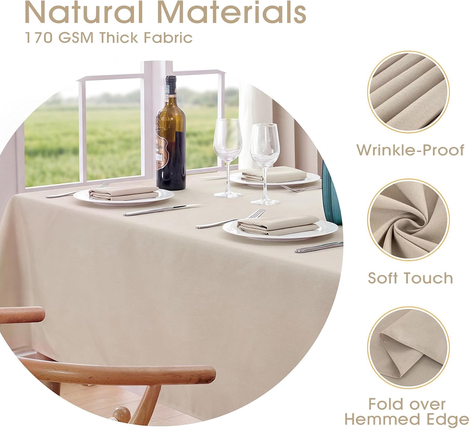 Veblandy 2 Pack Rectangle Tablecloth, 52x70 inch, Water Resistant Wrinkle Free Linen Textured Table Cloth Washable, Decorative Fabric Table Cover for Dining, Party and Camping, Beige