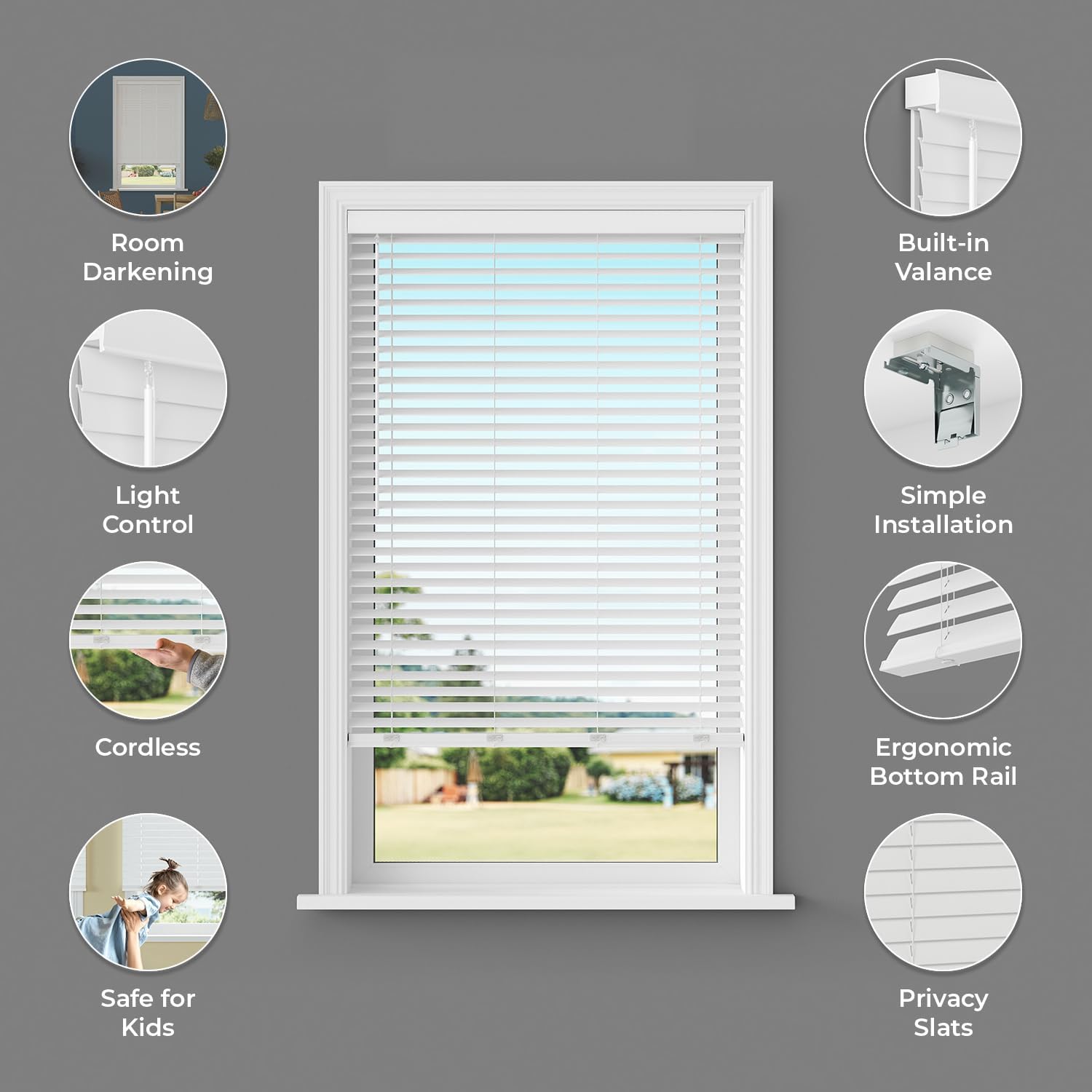 Lumino 2" Flat Slat Faux Wood Blinds, 35" W x 72" L White