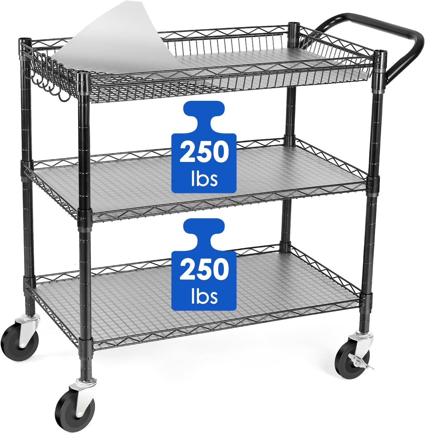 WDT Heavy Duty 3 Tier Utility Cart,Wire Rolling Cart with Wheels, Commercial Grade Service Cart with Shelving Liners and Handle Bar Metal Carts for Kitchen Office Hardware