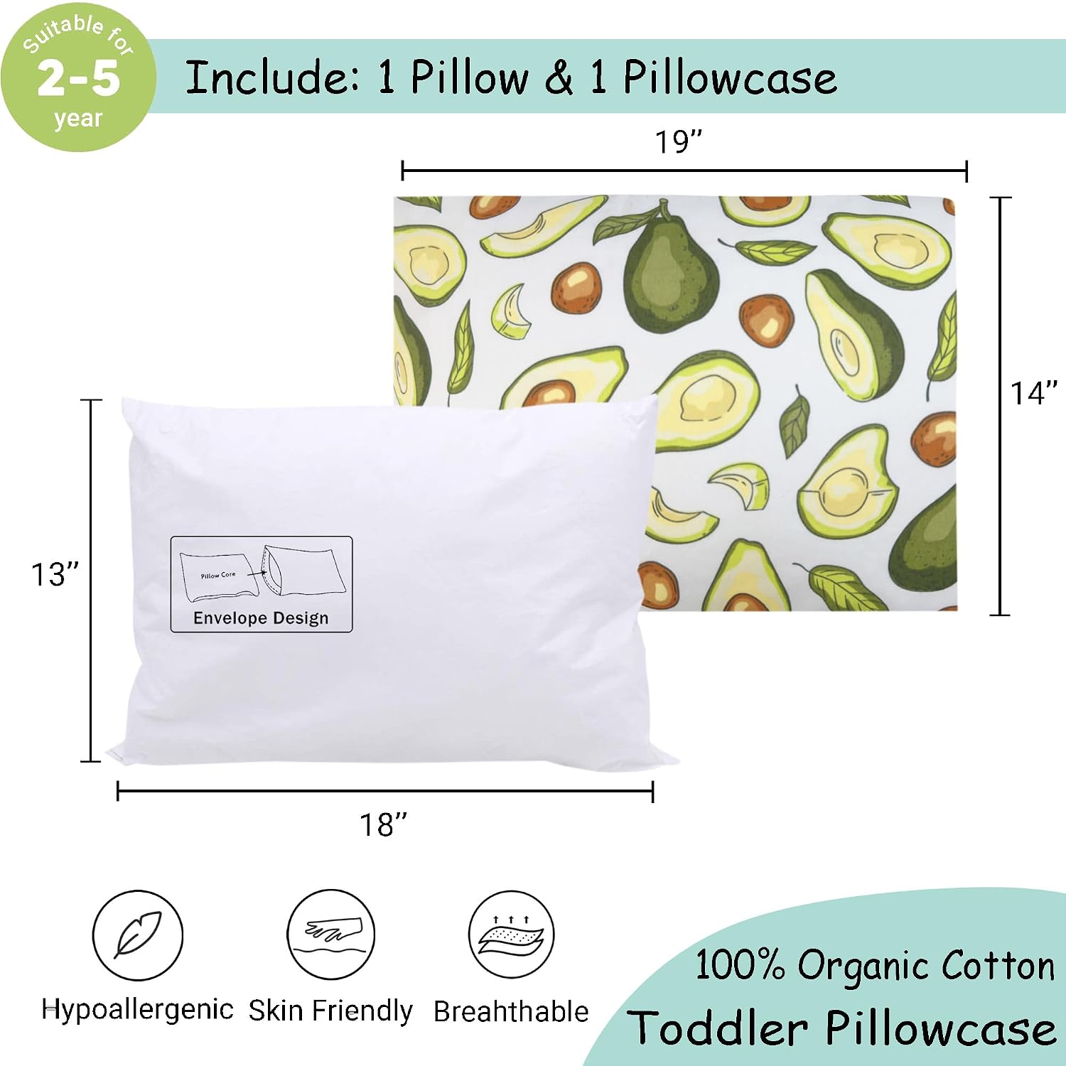 ZPECC Toddler Pillow with Organic Cotton Pillowcase - 13x18, Avocado