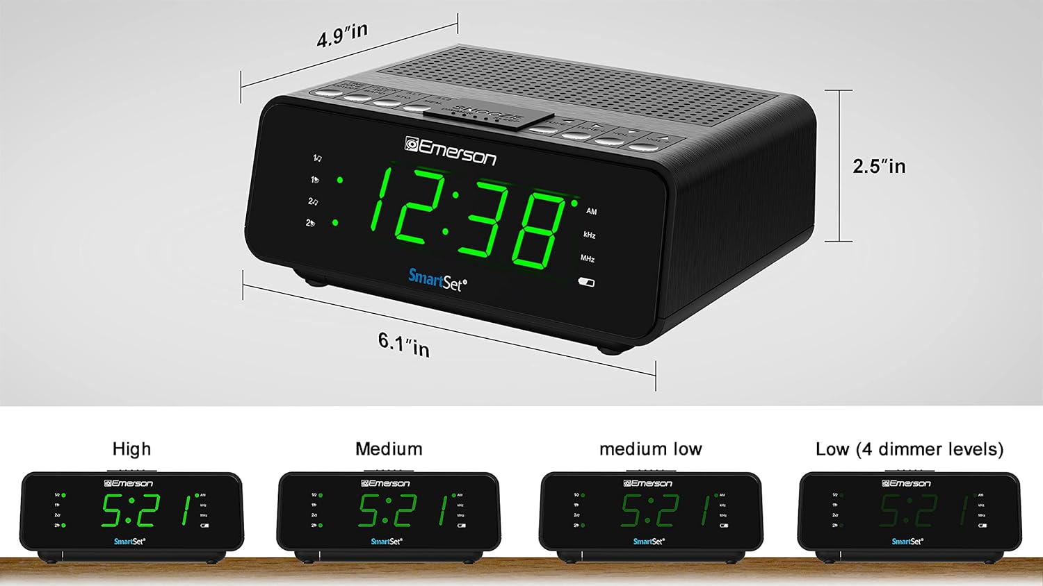 Emerson CKS1900 SmartSet Dual Alarm Clock Radio with AM/FM Digital Tuning, Auto Time Setting, 20 Presets, Jade Green LED Display, Snooze, Sleep Timer & Battery Backup