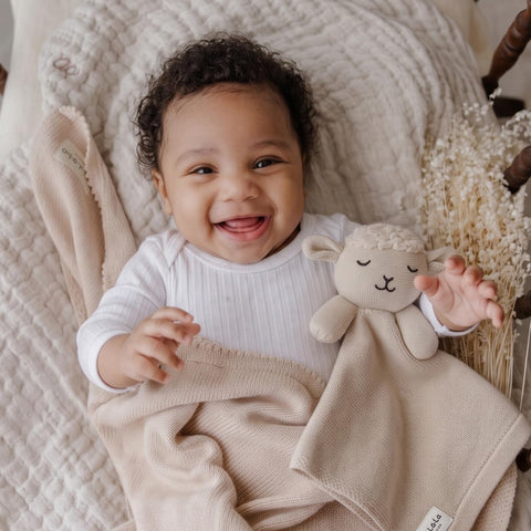 Baby Gift Set - Organic Cotton Newborn Blanket Essentials, Thoughtful Baby Shower & New Baby Gift for Boys & Girls (Lovey - Sheep - Oatmeal)
