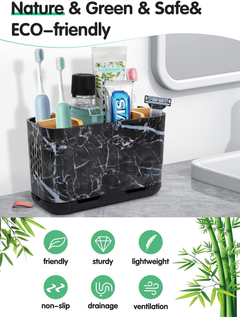 GFWARE Marble Toothbrush Holders with Drainage, Bathroom Organizer, Large