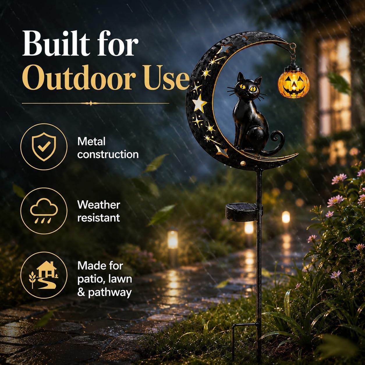 Solar Halloween Black Cat Moon Light, Outdoor Garden Stake Light with Pumpkin Lantern, Weather Resistant Yard Decorations for Patio Pathway Lawn Backyard, Halloween Decor Gifts