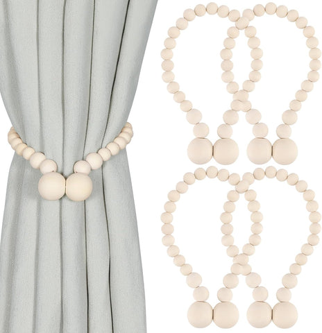 KLOGTSIND Magnetic Curtain Tiebacks, 4 Pack Wood Bead Curtain Holdbacks