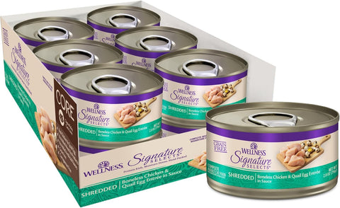Wellness CORE Signature Selects Shredded Adult Canned Wet Cat Food, Natural, Protein Rich, Grain Free, Chicken and Quail Egg Entrée Recipe, 2.8 oz, Pack of 12 Cans