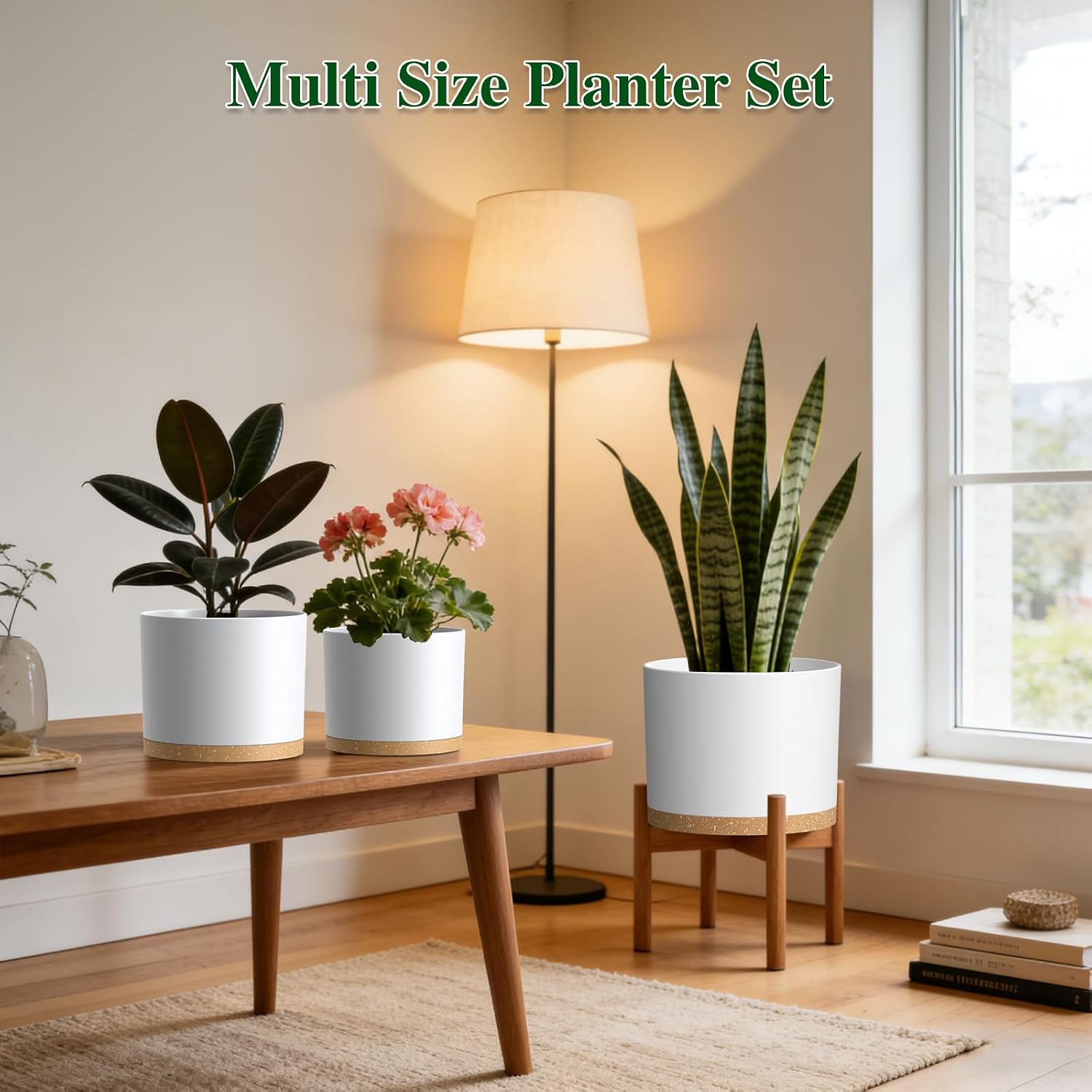 Plant Pots, 10/9/8 Inch 3 Pack Cylindrical Flower Pots with Drainage Holes and Saucers, Plastic Planters for Outdoor Indoor Plants,White Brown