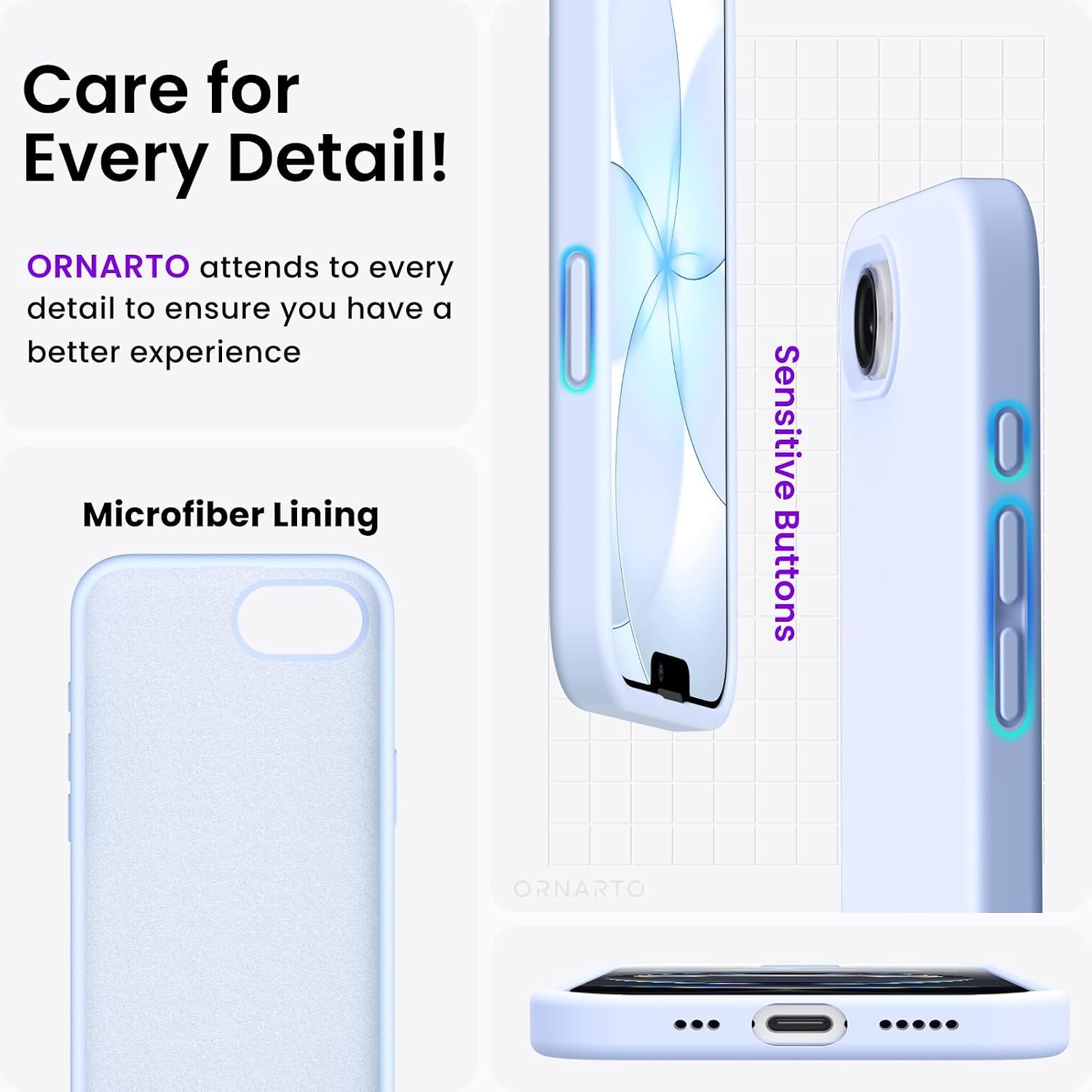 ORNARTO for iPhone 17e Case and for iPhone 16e Case 6.1'', Baby Blue