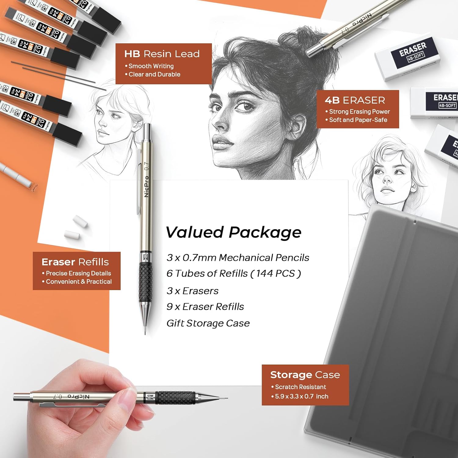 Nicpro 0.7 mm Art Mechanical Pencil Set in Storage Case, 3 PCS