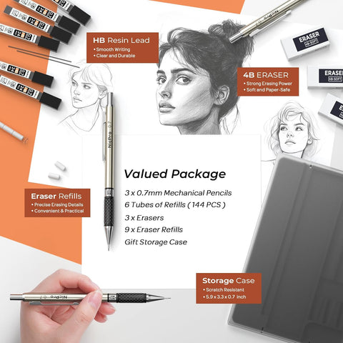 Nicpro 0.7 mm Art Mechanical Pencil Set in Storage Case, 3 PCS