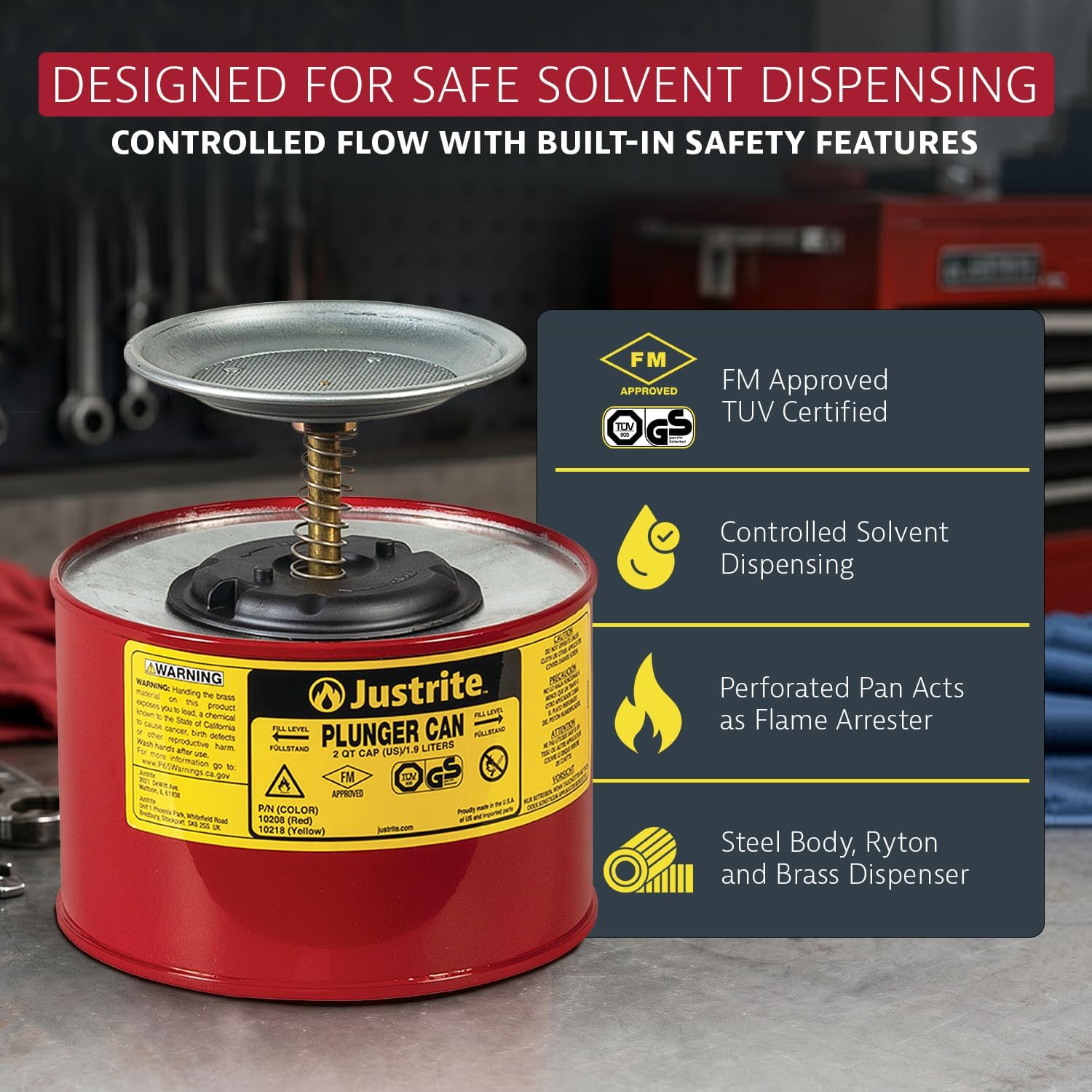 Justrite Plunger Can for Solvents, 2 Quarts Capacity, Made in the USA, Red
