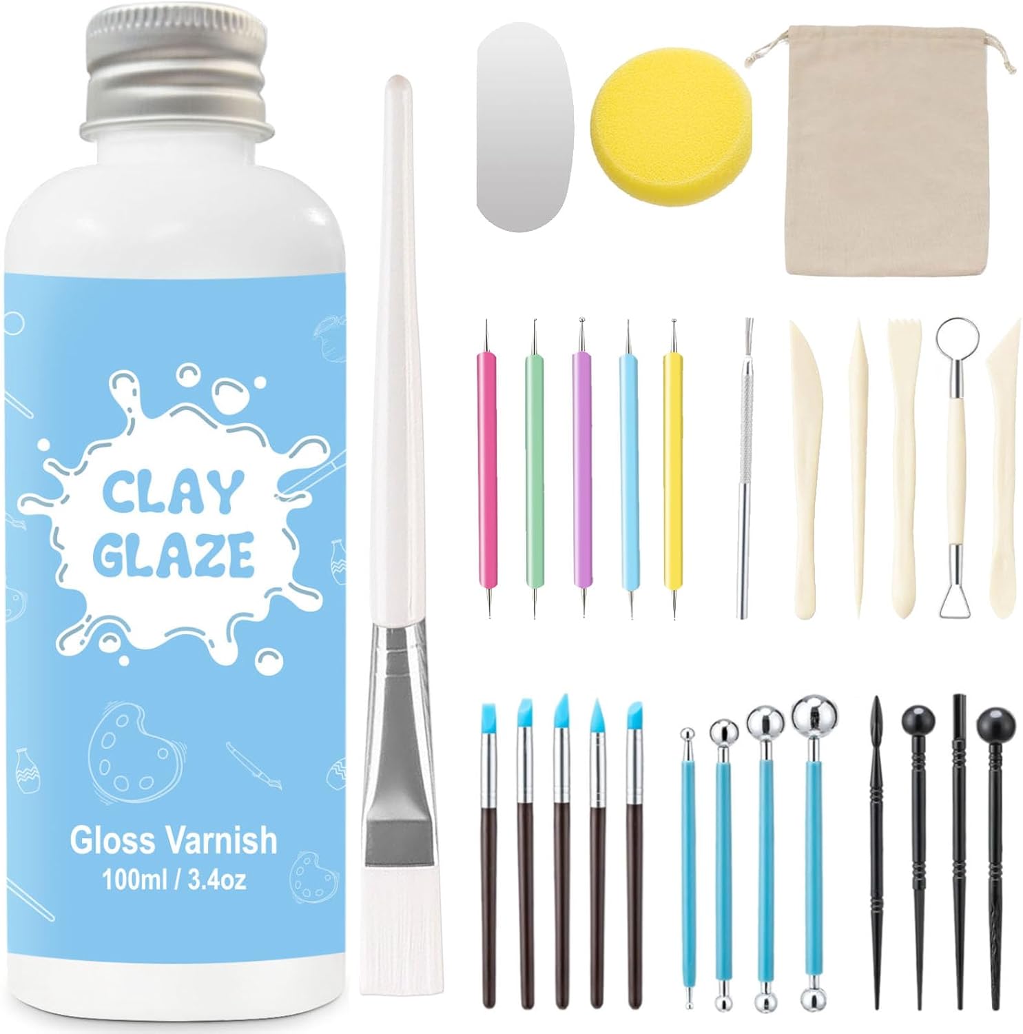 EIGTWEN 100ml Air Dry Clay Glaze and 29pcs Clay Tools Kit, Gloss Varnish