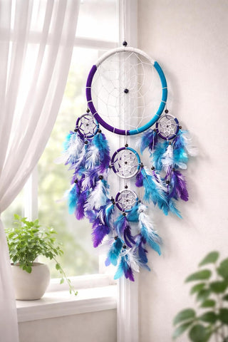 OMA Large Dream Catcher Wall Decor – Tie Dye Dream Catcher with Turquoise, Purple & White Feathers for Bedroom, Living Room, Dorms & Gift, Size - 9” x 30”