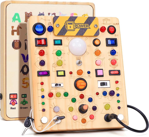 Busy Board with LED Light Switches, Montessori Toys for 1 2 3 Years Old, Toddlers Wooden Toy Sensory Activity Board, Travel Toys for 1+ Year Old Boy & Girl Birthday Gift (19 Switches)
