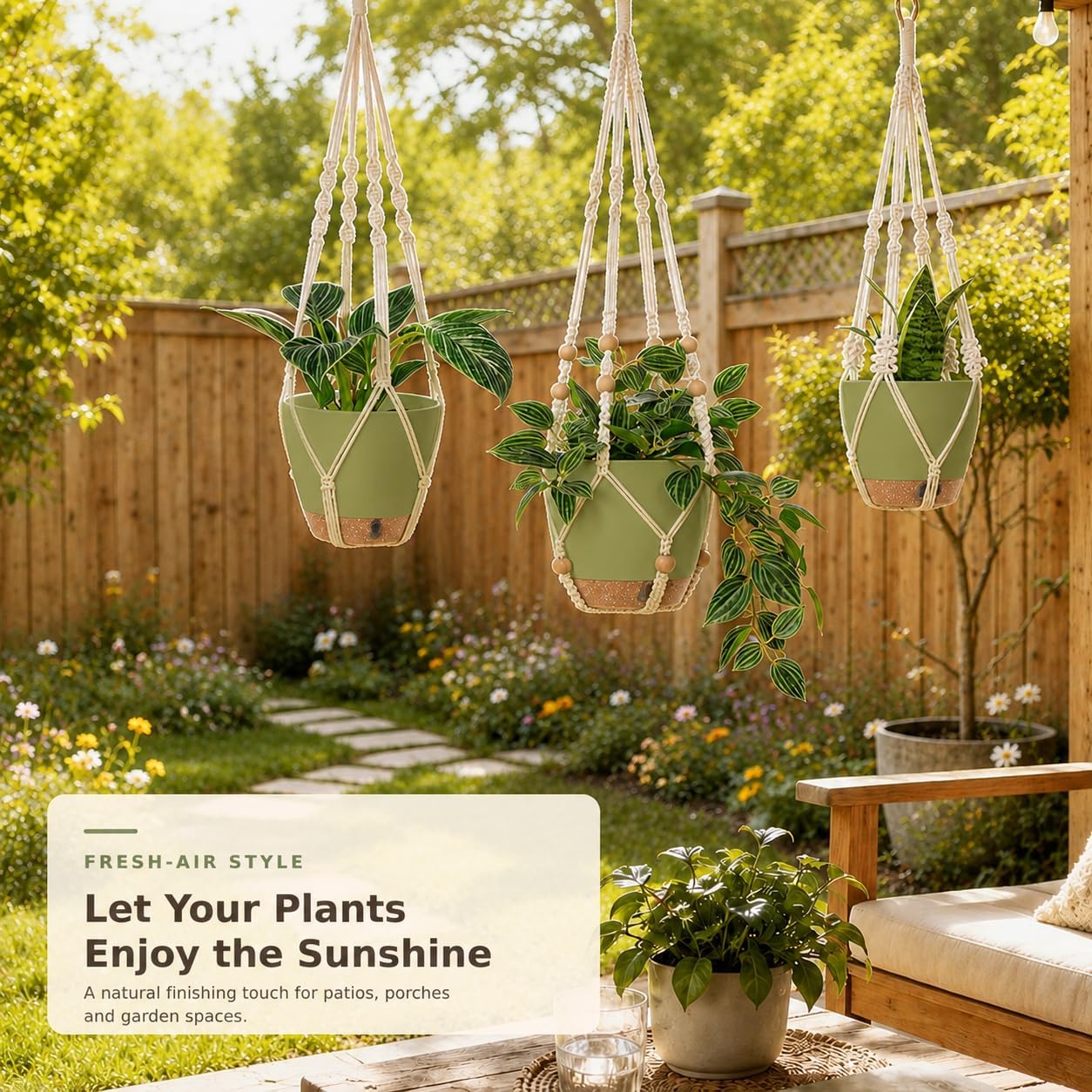 Bouqlife 3 Pack Hanging Planters for Indoor Plants Macrame Plant Hangers with Self Watering Flower Pots, 3 Different Size (Sage Green, Medium)