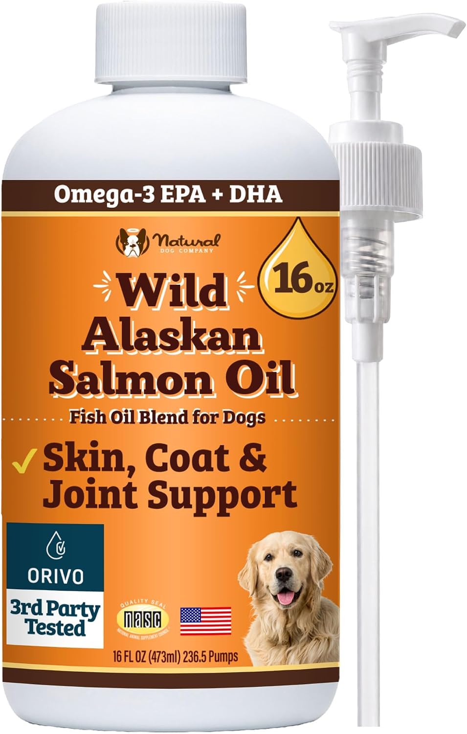 Natural Dog Company Wild Alaskan Salmon Oil for Dogs - Omega 3 Fish Oil Supplement with EPA & DHA for Skin, Coat, Itch Relief, Joints, Heart & Immune Support, Liquid Food Topper, 16 oz