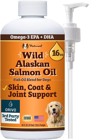 Natural Dog Company Wild Alaskan Salmon Oil for Dogs - Omega 3 Fish Oil Supplement with EPA & DHA for Skin, Coat, Itch Relief, Joints, Heart & Immune Support, Liquid Food Topper, 16 oz