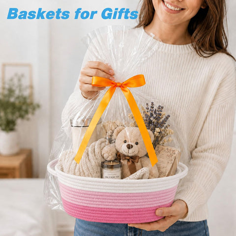 Empty Gift Basket with Gift Bag & Ribbon, Woven Rope Basket, 12x8x5 inch