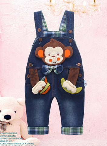 KIDSCOOL Baby Girls Boys Denim Overalls 3D Monkey Plaid Toddler Rompers