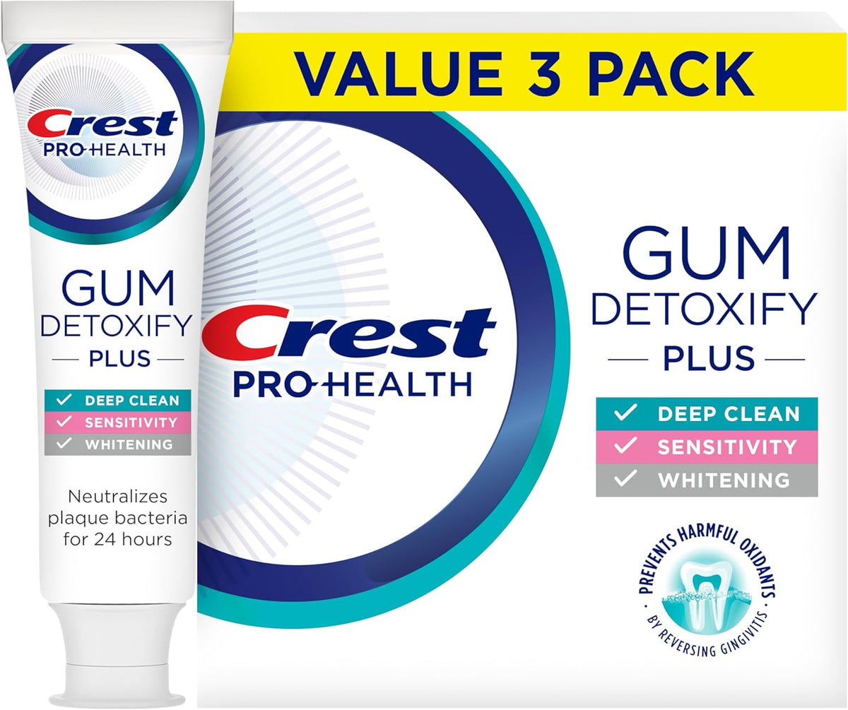 Crest Pro-Health Gum Detoxify Plus Toothpaste 4.5 oz Pack of 3 - Antibacterial Fluoride Toothpaste, Sensitivity Protection, Whitens Teeth, Anticavity, Plaque Control