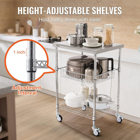 VEVOR Kitchen Utility Cart, 36.6"x20"x24" 3 Tiers Wire Rolling Cart, 470LBS Capacity Steel Service Cart with Brake Wheels, Storage Trolley with 76mm Basket PP Liner 6 Hooks, for Indoor & Outdoor Use