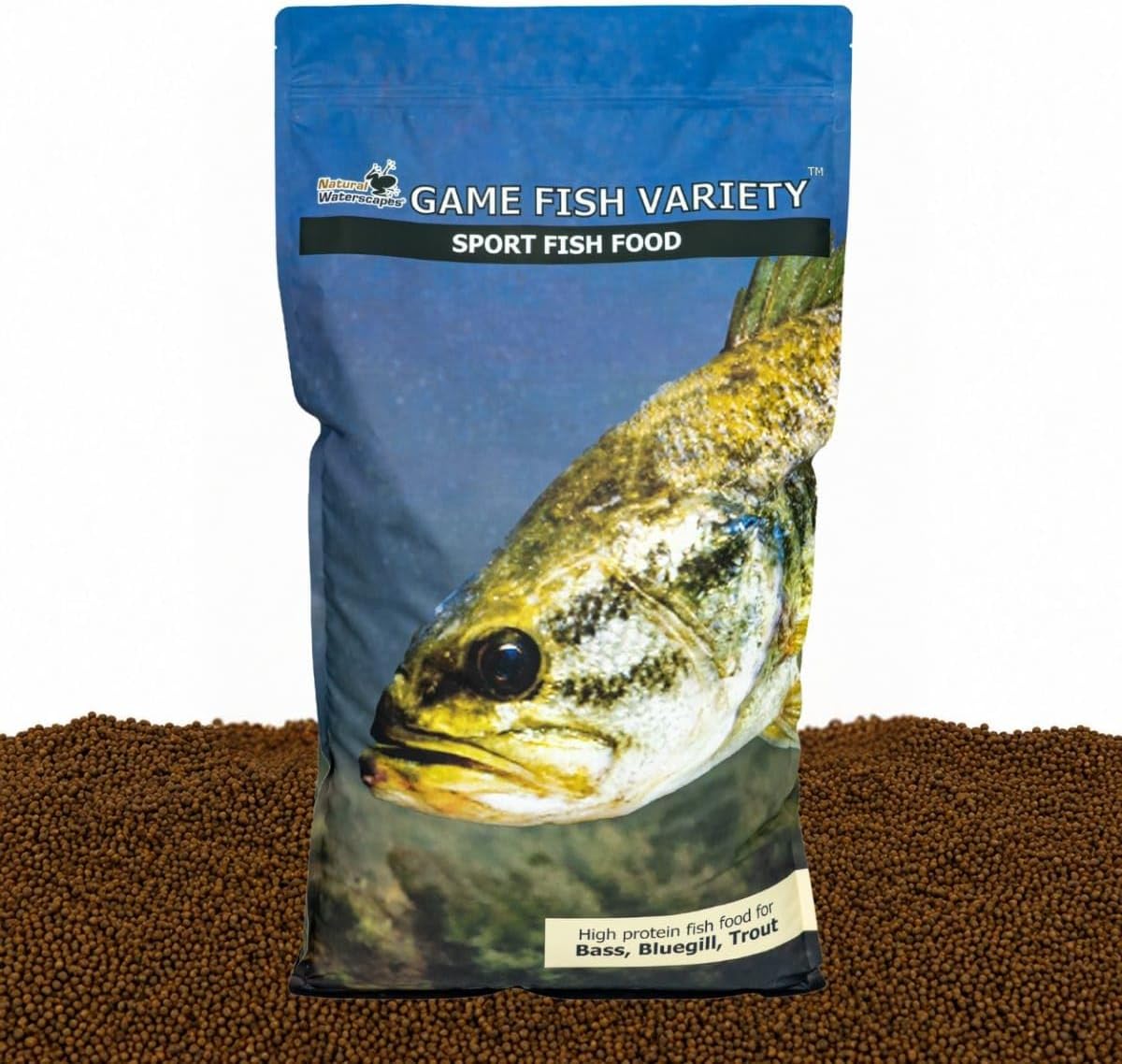 Natural Waterscapes Game Fish Food Variety | Pond and Lake Fish Food Pellets | 22 lb Bag | Feed to Bass, Bluegill, Trout, Catfish, tilapia | Floating Pellets