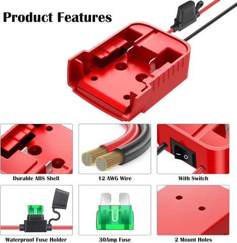 1 Packs Power Wheel Adapter for Milwaukee M18 Battery Adapter 18V Power Wheel Battery Conversion Kit with Switch, Fuse & Wire Terminals, 12AWG Wire, Power Connector for DIY Rc Car Toys and Robotics